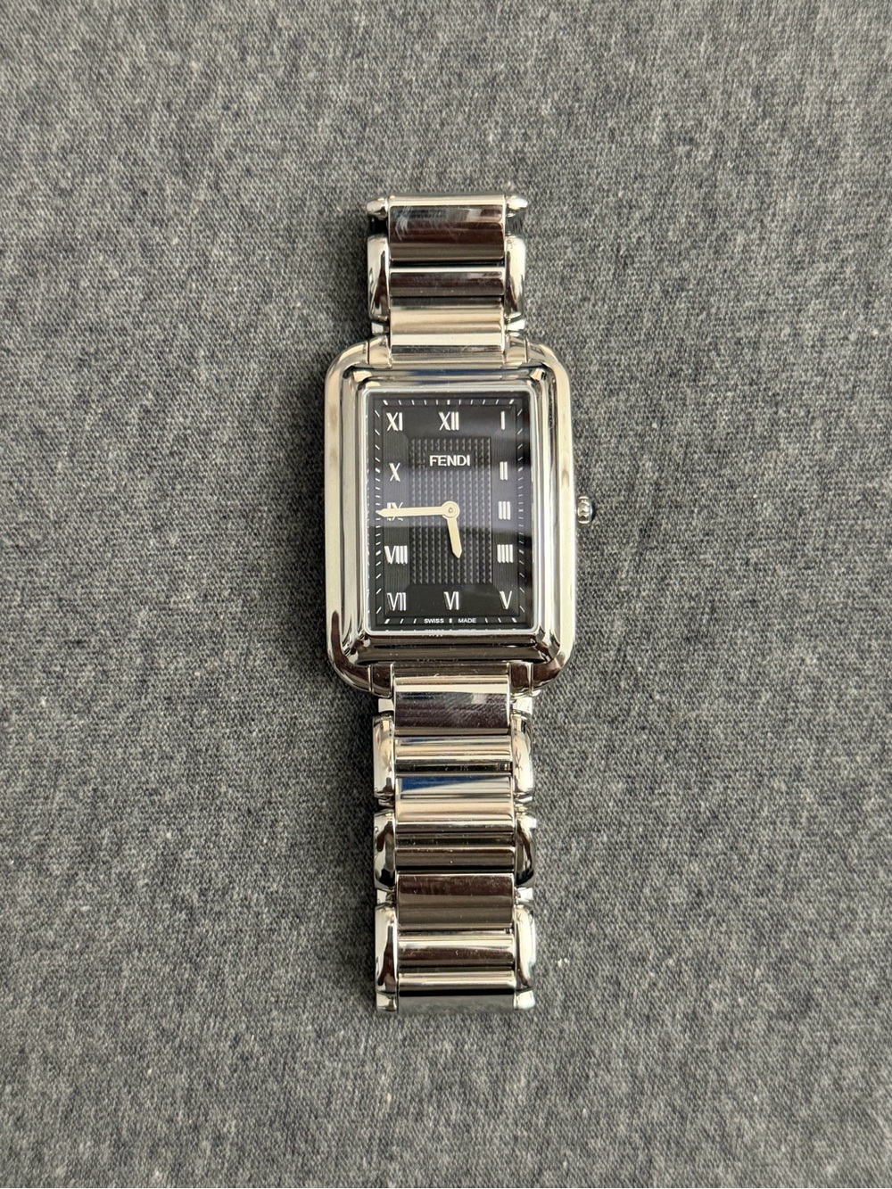 Men’s Fendi Silver Stainless Steel Rectangular Watch - Black Dial